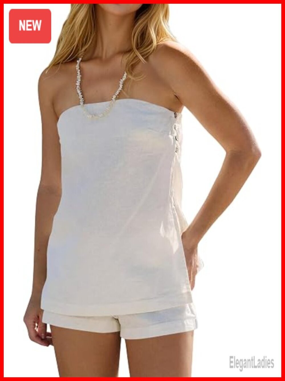 Women's 2 Piece Linen Lounge Set Strapless Tube Top Backless Side Slit Shorts